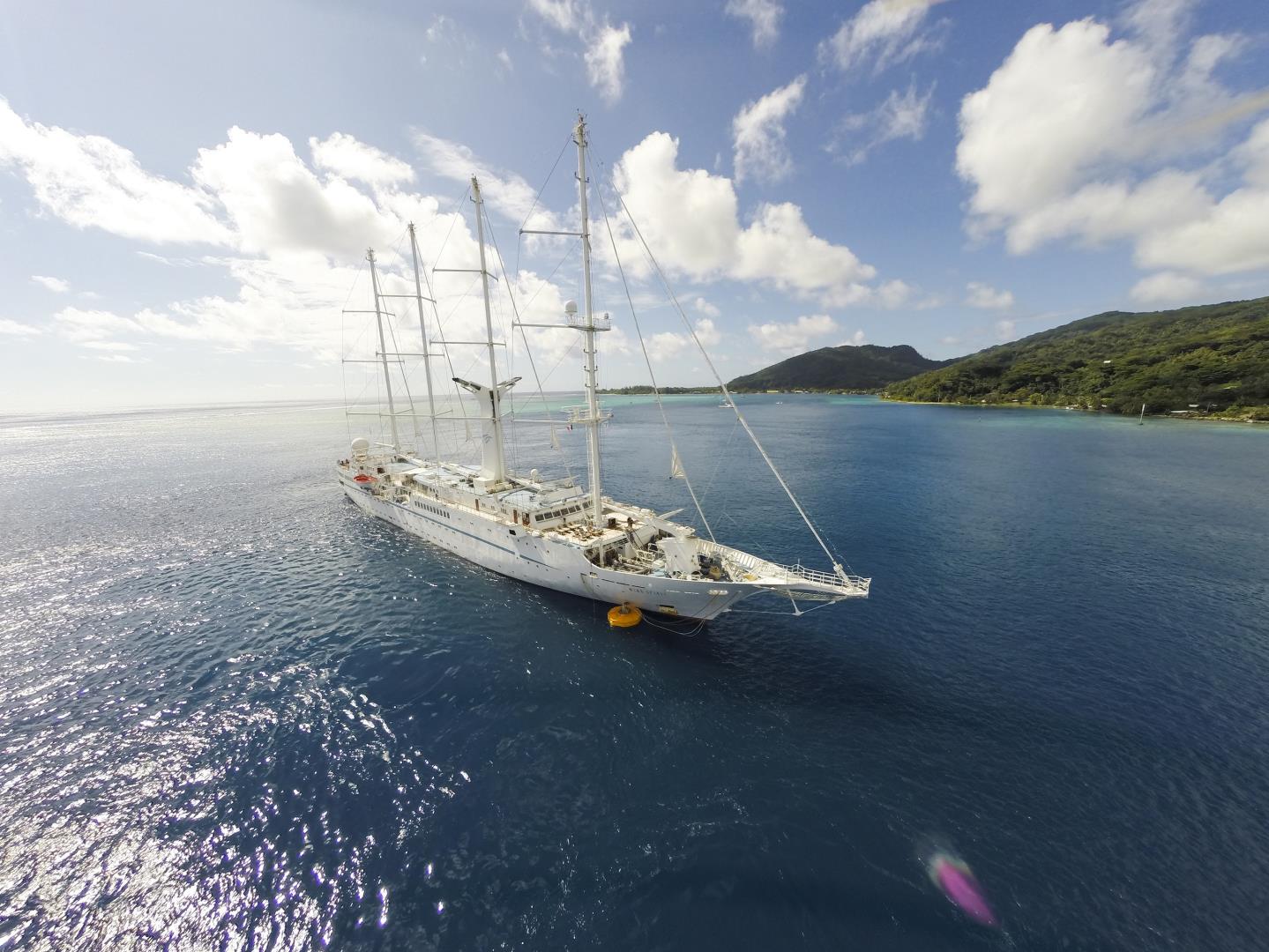 Exterior view of Wind Spirit sailing near Tahiti