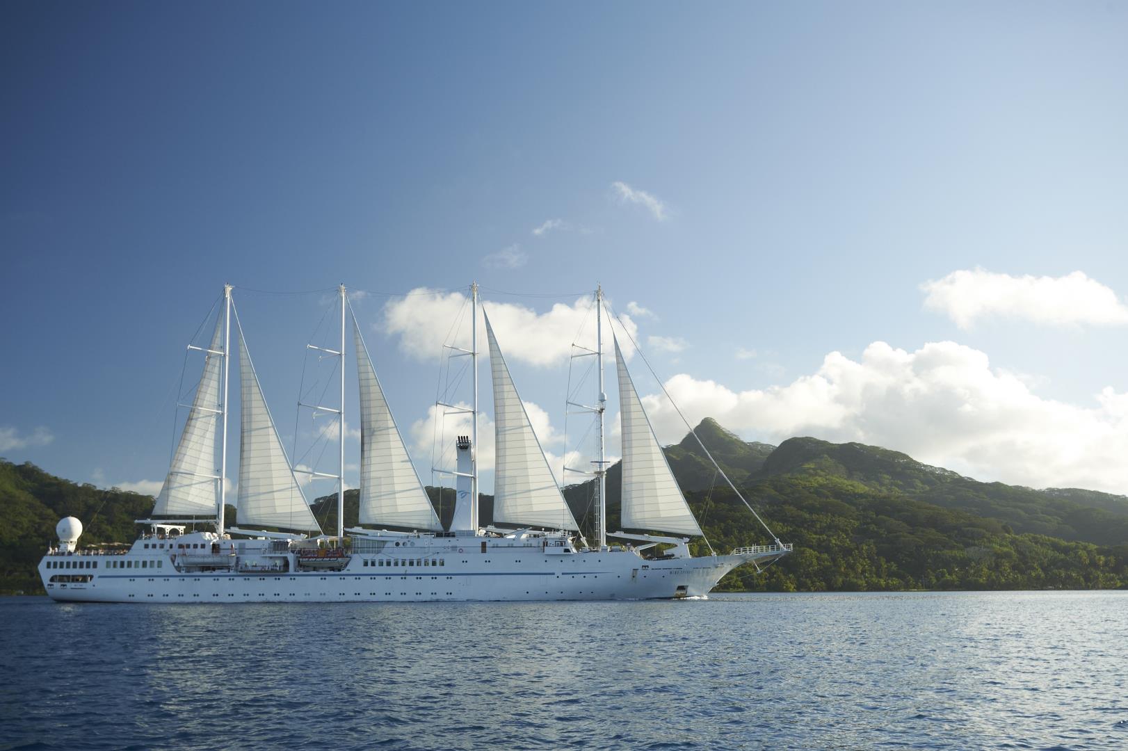 Exterior view of Wind Spirit sailing near Tahiti - Photo Credit: Roger Paperno